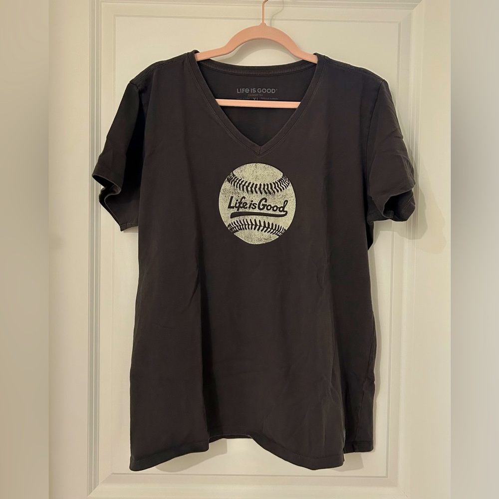 Life is Good Charcoal T-Shirt with Baseball Graphic